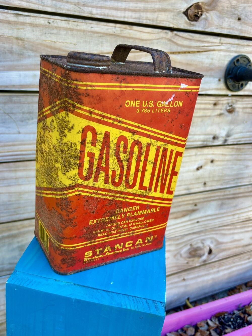 Vintage STANCAN Gasoline Can 1 Gallon Metal Fuel Can Red Yellow Industrial Decor